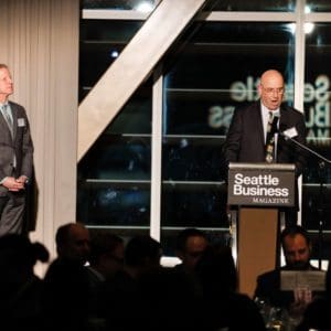 Jeff at the podium of Seattle Business